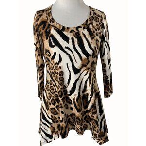 Chaus Animal Print Brown Black Tunic Top Quarter Sleeves Leopard Zebra Small